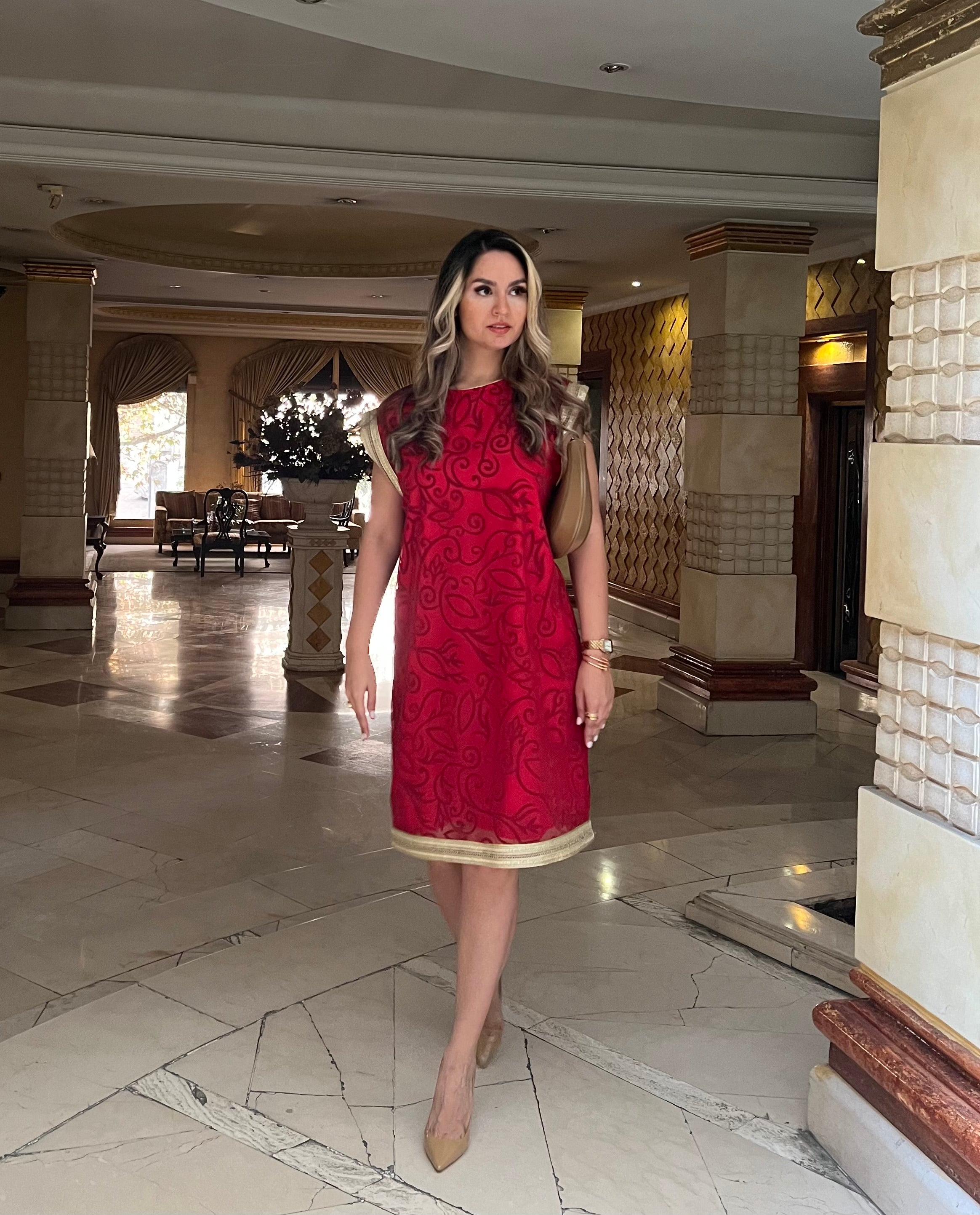 Red Floral Velvet Dress