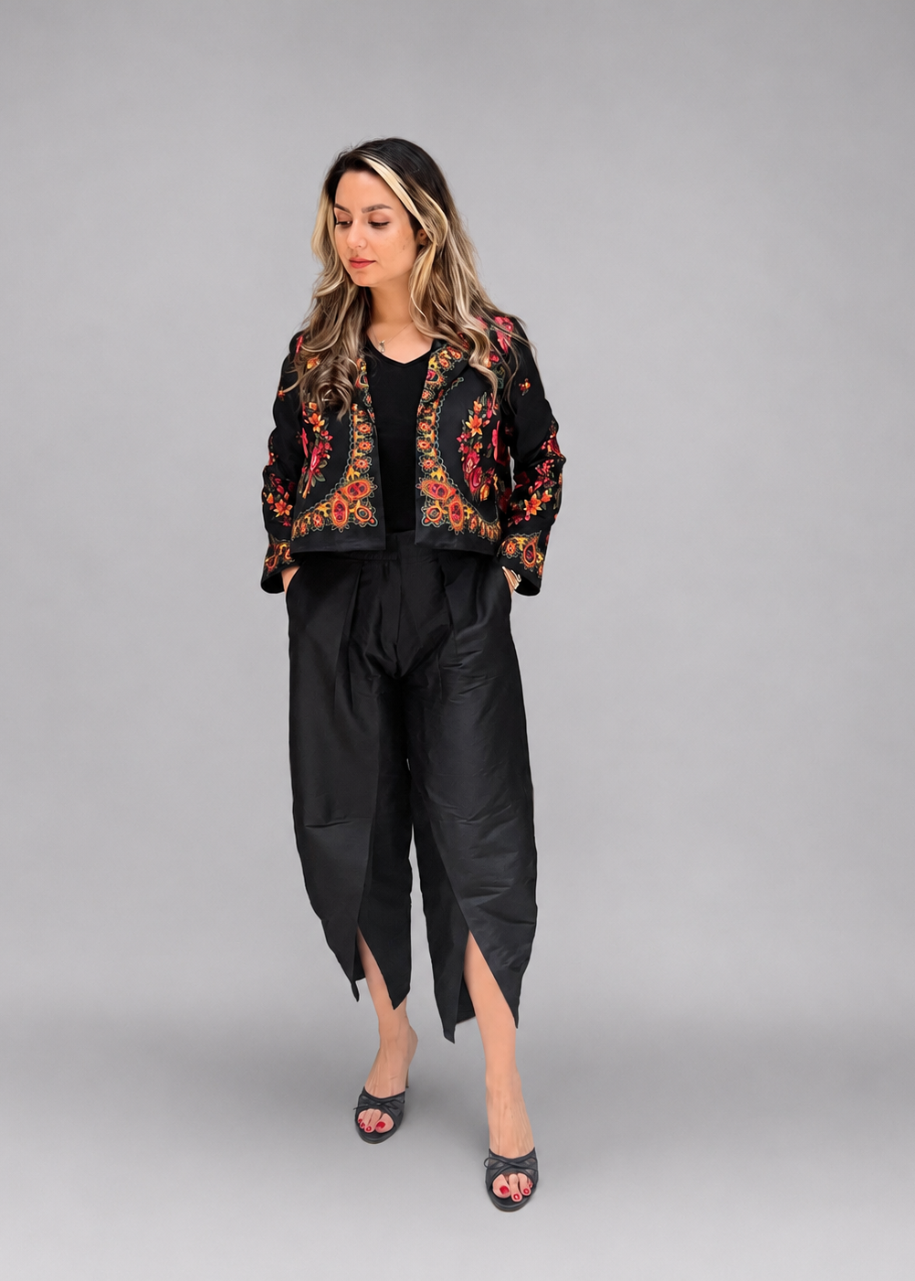 Black Torkaman jacket with traditional detailing