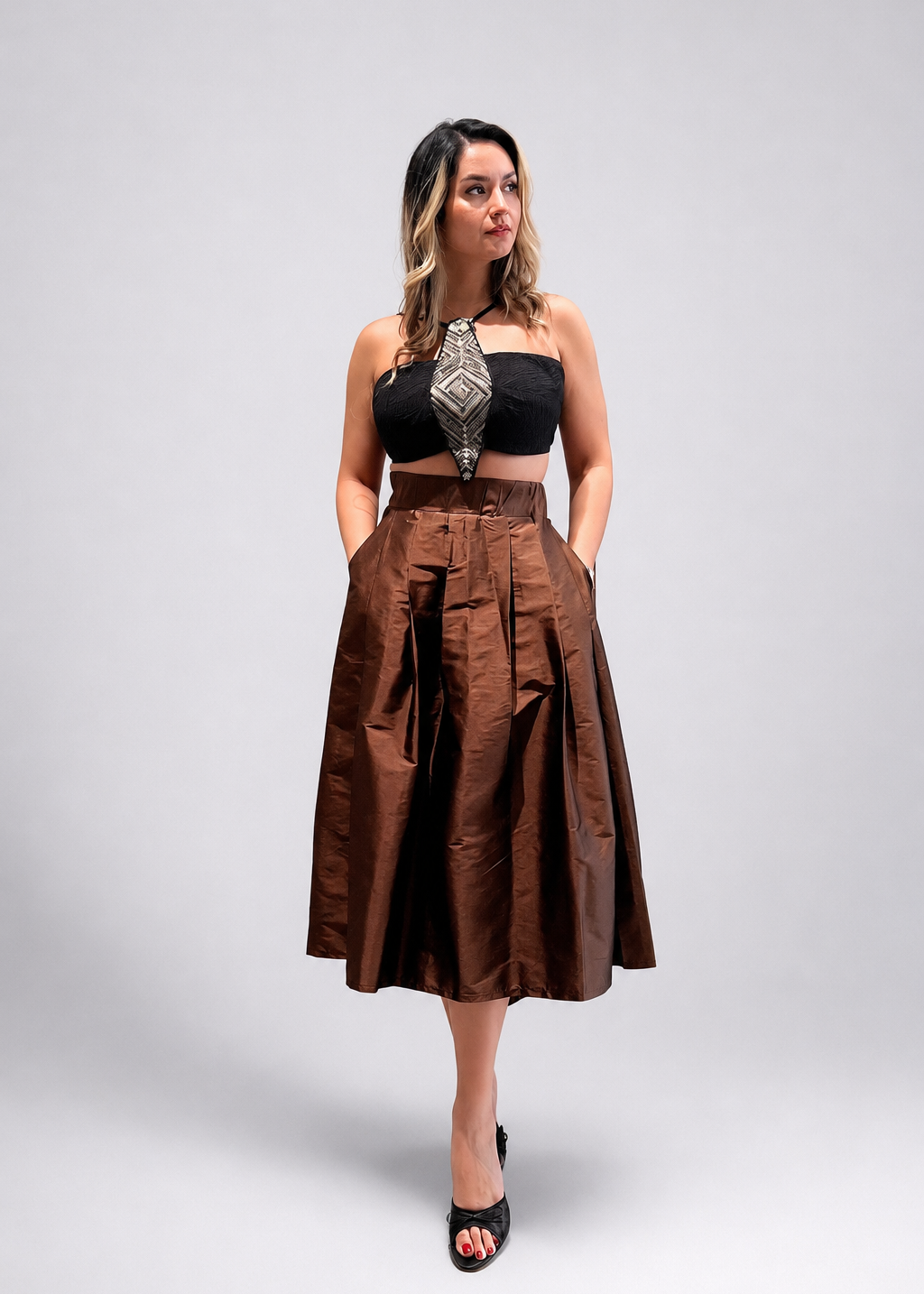 Brown taffeta midi skirt – LENALIA Persian couture, luxury women's fashion Australia