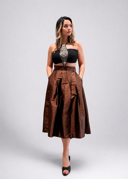 Brown taffeta midi skirt – LENALIA Persian couture, luxury women's fashion Australia