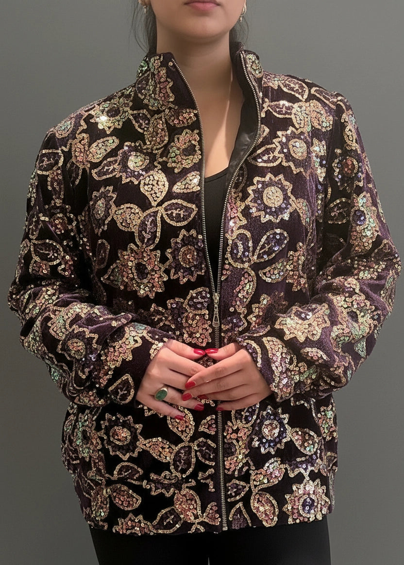 Patterned jacket worn by a person on a transparent background