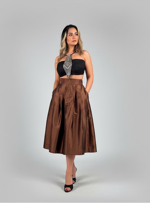Brown taffeta midi skirt – LENALIA Persian couture, luxury women's fashion Australia