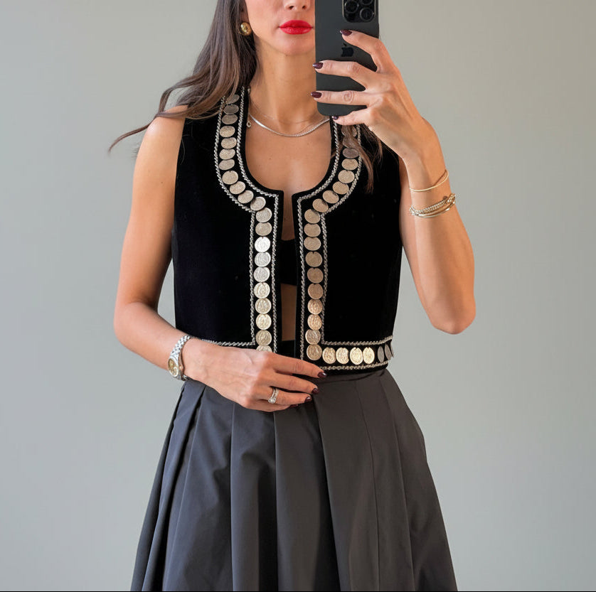 Heritage coin vest – LENALIA Persian artisan coin-embellished luxury vest Australia