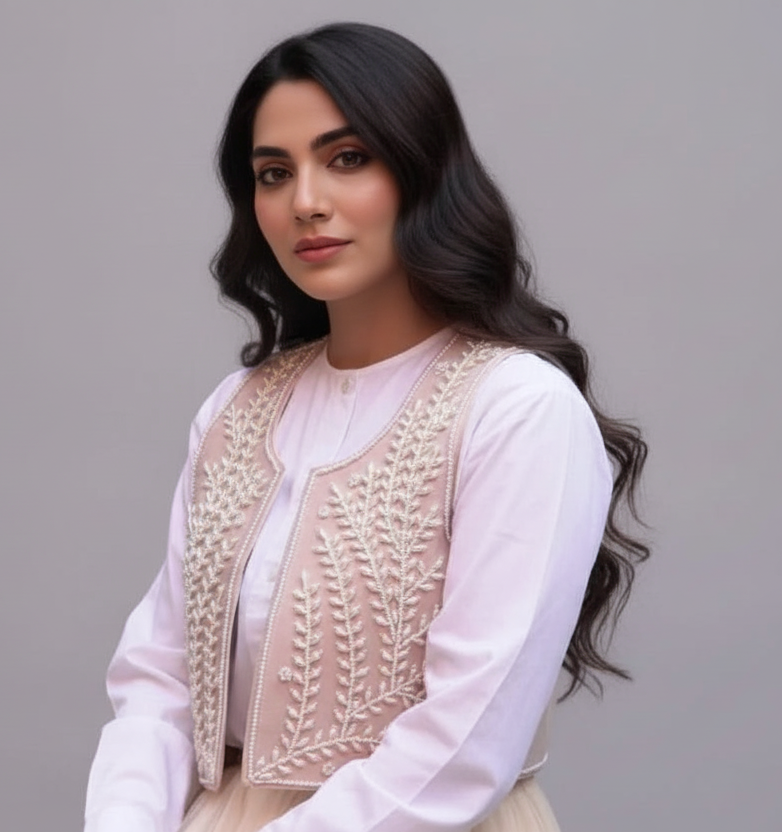 Cream pearl-embroidered vest – one size, handcrafted luxury couture by LENALIA