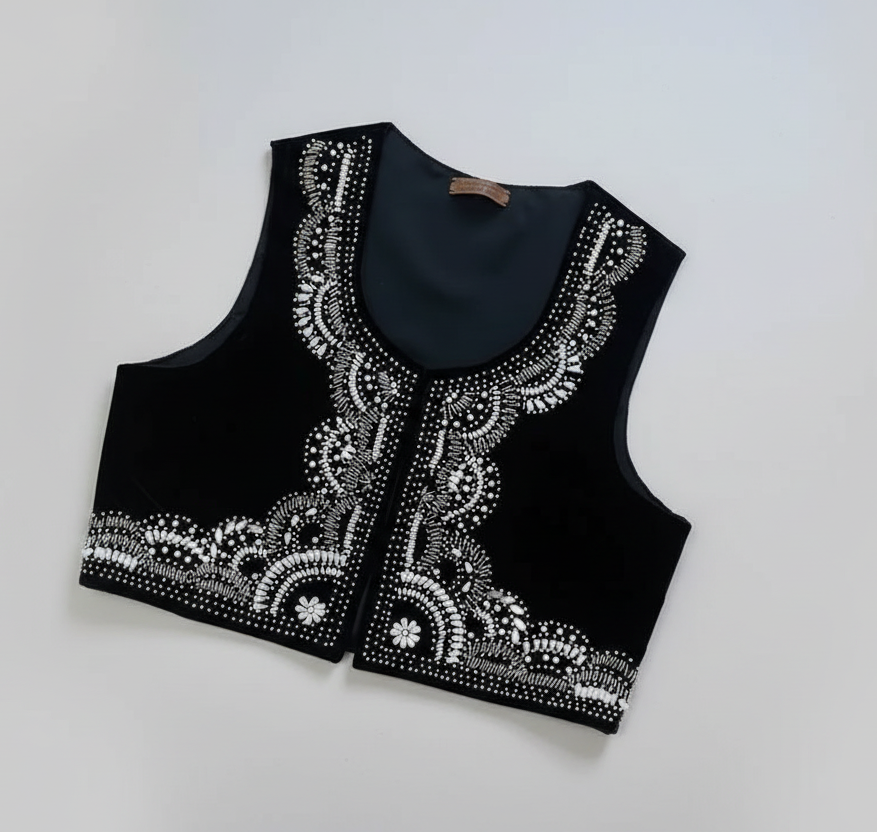 LENALIA black velvet vest with floral blossom detail – handcrafted Persian couture, free size