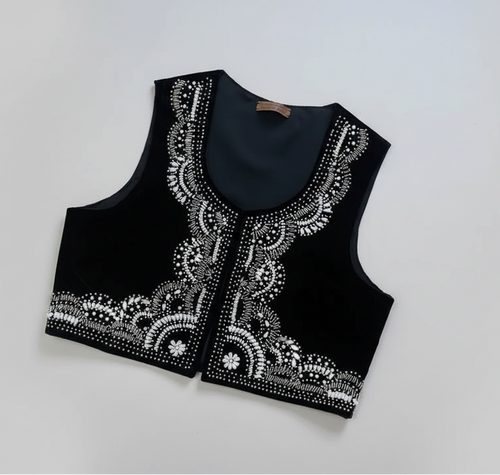 LENALIA black velvet vest with floral blossom detail – handcrafted Persian couture, free size