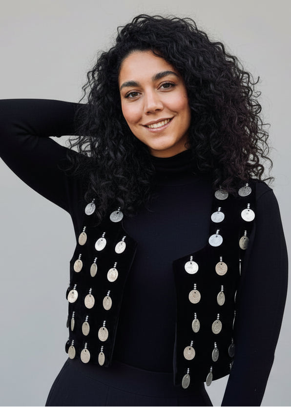 Black velvet vintage coin vest – one size, Persian coin-embellished handcrafted couture by LENALIA