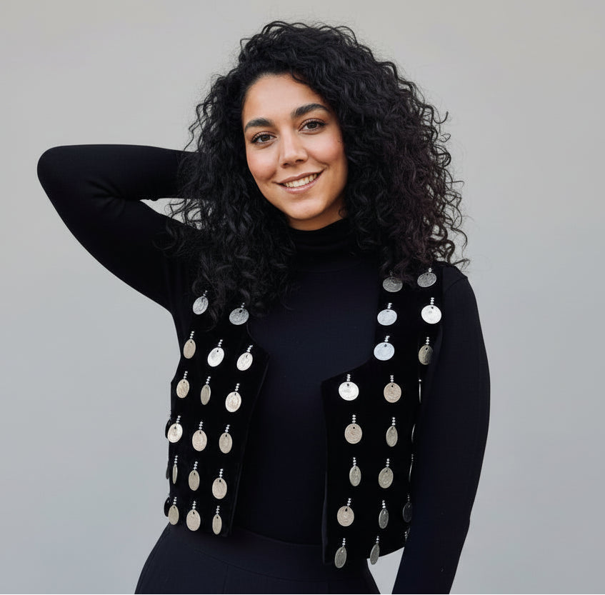 Black velvet vintage coin vest – one size, Persian coin-embellished handcrafted couture by LENALIA