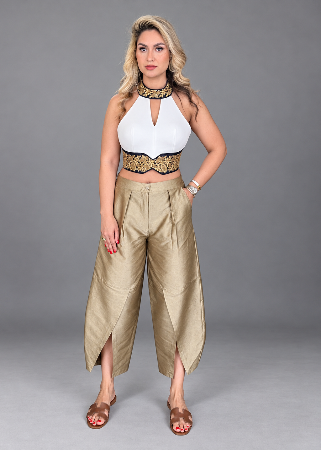 Slit Taffeta Pants Gold - LENALIA
