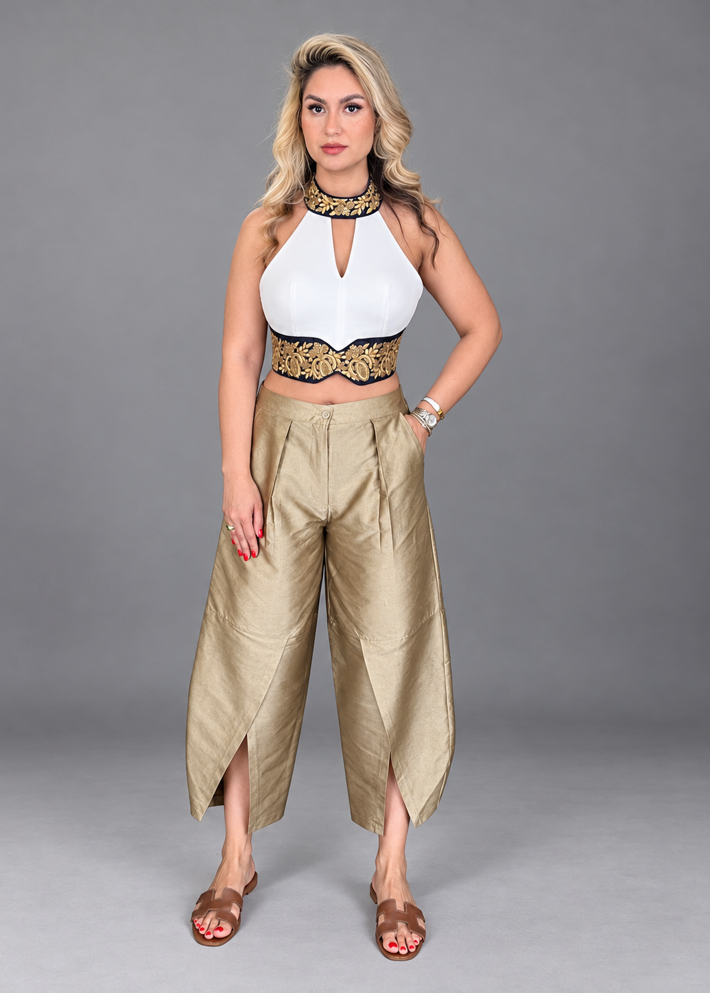 Slit Taffeta Pants Gold - LENALIA