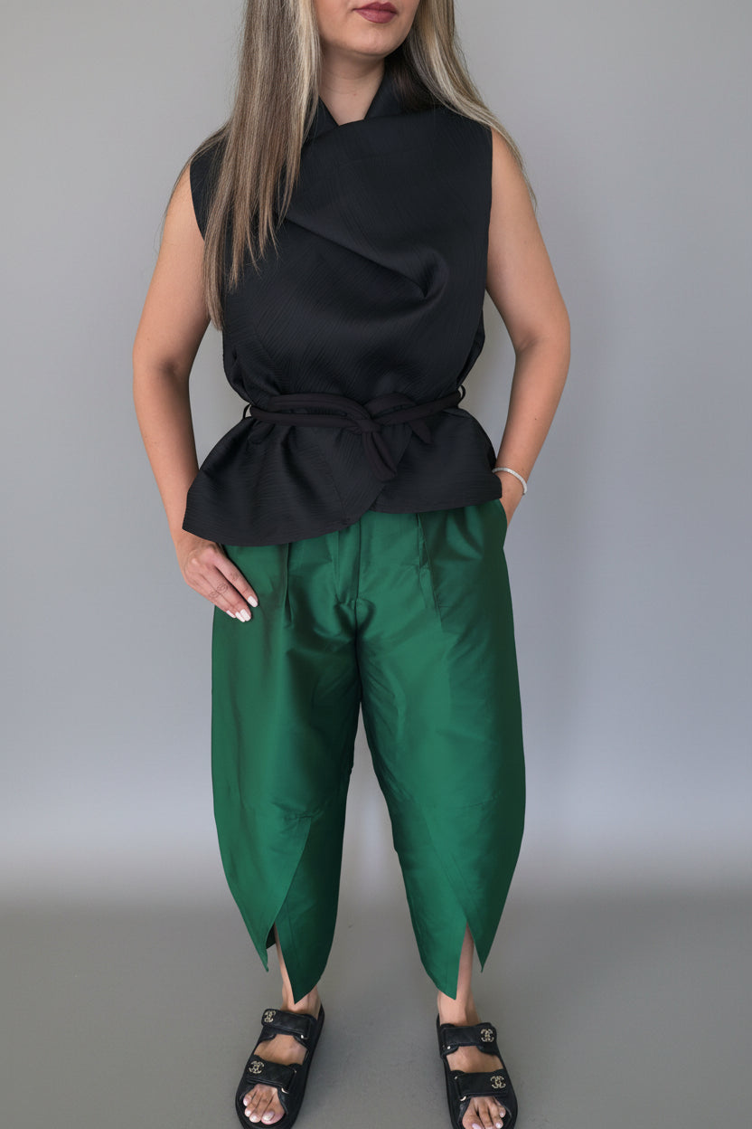 Green slit taffeta pants - LENALIA designer pants with side slits